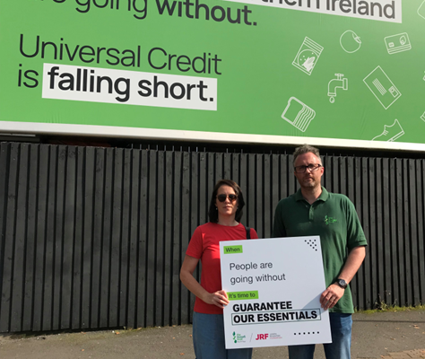 Siobhán pictured with Jonny Currie, Trussell Trust at the launch of the Guarantee Our Essentials Billboard in Belfast.