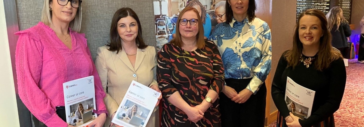 Photo Caption: Linda Dillon, MLA, Sinéad McLaughlin, MLA, Angela Phillips, Carers NI, Siobhán Harding, Women’s Regional Consortium and Nuala McAllister, MLA at the launch of Women, Unpaid Care and Employment.