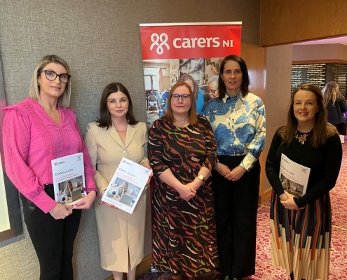 Photo Caption: Linda Dillon, MLA, Sinéad McLaughlin, MLA, Angela Phillips, Carers NI, Siobhán Harding, Women’s Regional Consortium and Nuala McAllister, MLA at the launch of Women, Unpaid Care and Employment.