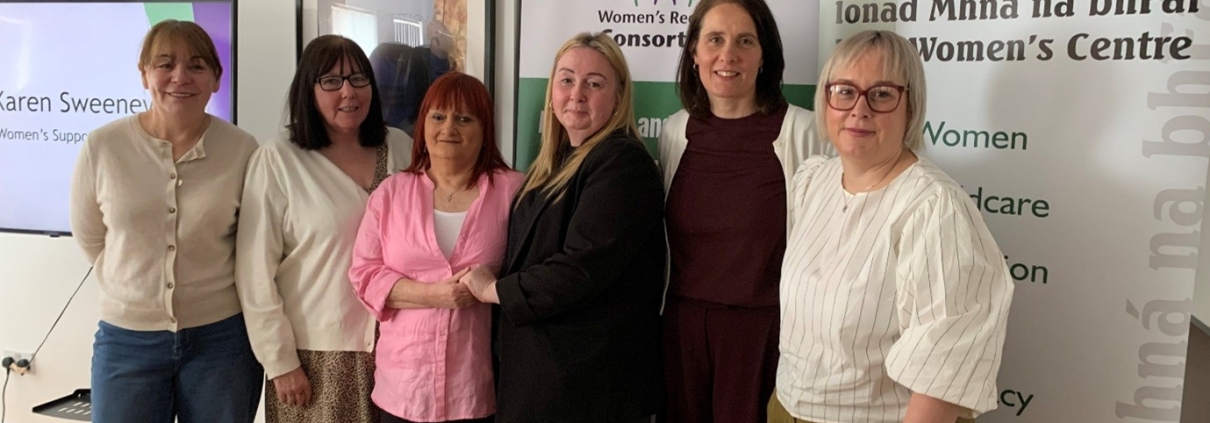 Speakers at the launch of the Mental Health Matters for Women report – Susan McCrory, Falls Women’s Centre, Karen Sweeney, Women’s Support Network, Carmel Martin, Falls Women’s Centre, Lee-Ann Sturgeon, Falls Women’s Centre, Siobhán Harding, Women’s Support Network and Karen Hall, Mental Health Foundation